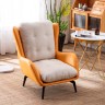 Кресло кожаное оранжевое с белыми подушками из ткани на металлических черных ножках