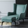 Кресло для дизайнерского интерьера темно зеленое, металлические ножки + скамеечка для ног