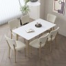 Обеденный стол премиум класса со столешницей однотонного белого цвета и на прочных ножках цвета дерева + 6 стульев